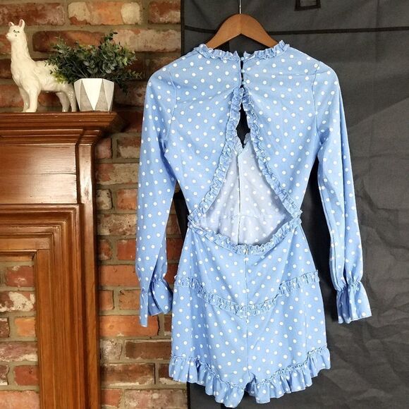 NWT NEW Parisian Light Blue Polka Dot Long Sleeve Backless Romper - Picture 7 of 9
